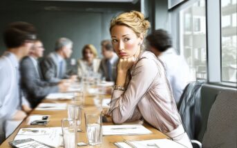 A woman sits at a conference table, looking thoughtful and slightly distant, while several people around her are engaged in discussion. Papers, glasses of water, and pens are spread out on the table.