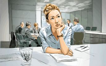 A woman sits at a desk, looking thoughtful and distant, with paperwork and a glass of water in front of her. In the background, a group of people are having a meeting in a glass-walled office.