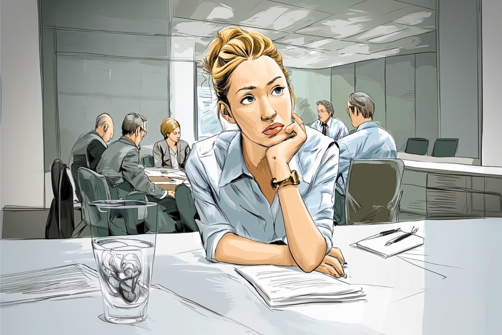 A woman sits at a desk, looking thoughtful and distant, with paperwork and a glass of water in front of her. In the background, a group of people are having a meeting in a glass-walled office.