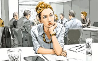 A woman sits at a conference table, resting her chin on her hand and looking thoughtful, while several people engage in discussion in the background. Papers, glasses of water, and a tablet are on the table.