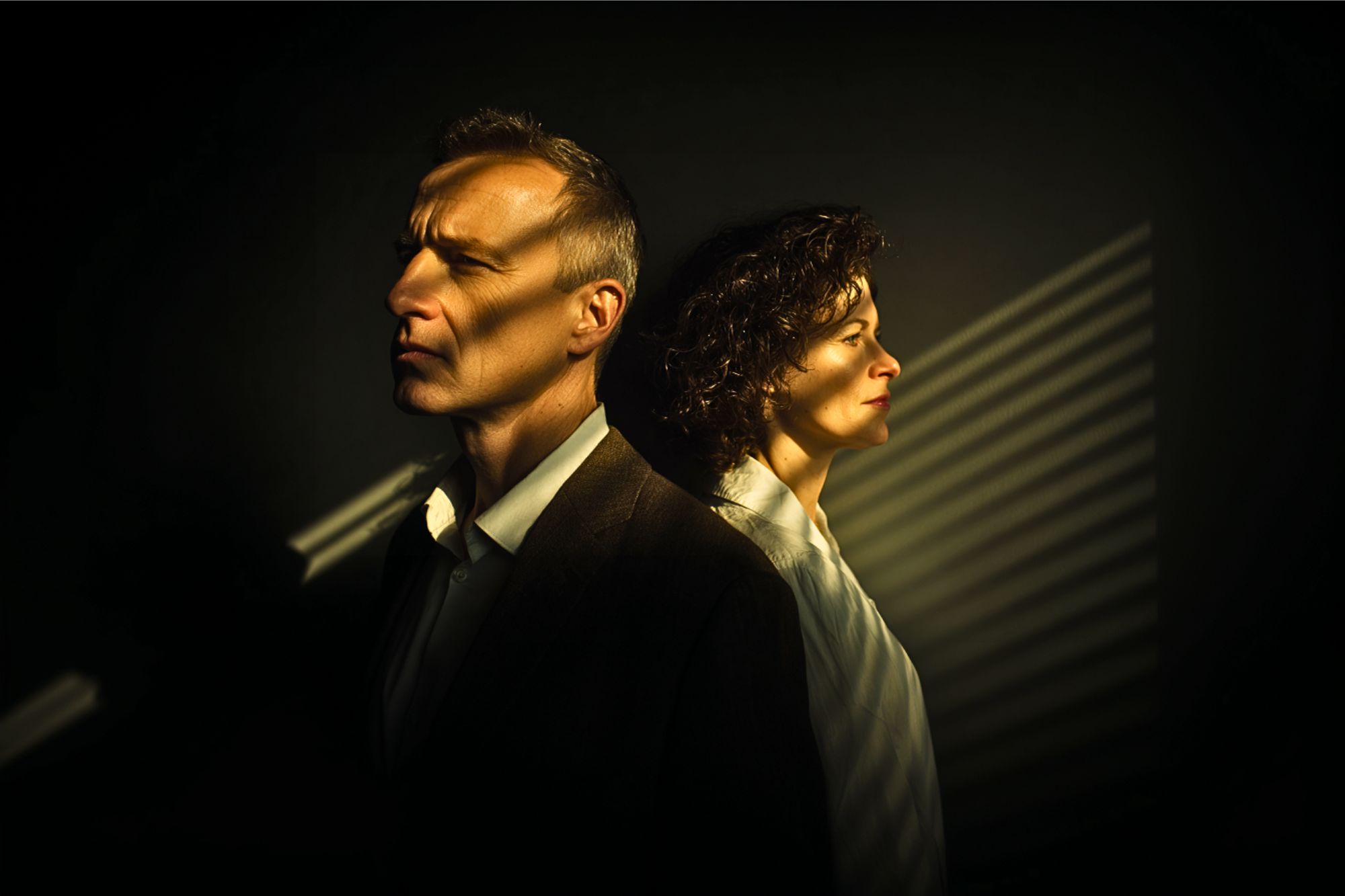 A man and a woman stand back to back in dim lighting, both looking serious. Light from window blinds casts striped shadows across their faces and the dark background.