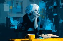 An older woman with white hair sits at a table, resting her chin on her hand and looking thoughtfully to the side. A yellow cup and an open book are on the table. The scene is painted in blue and yellow tones.