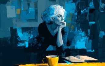 An older woman with white hair sits at a table, resting her chin on her hand and looking thoughtfully to the side. A yellow cup and an open book are on the table. The scene is painted in blue and yellow tones.