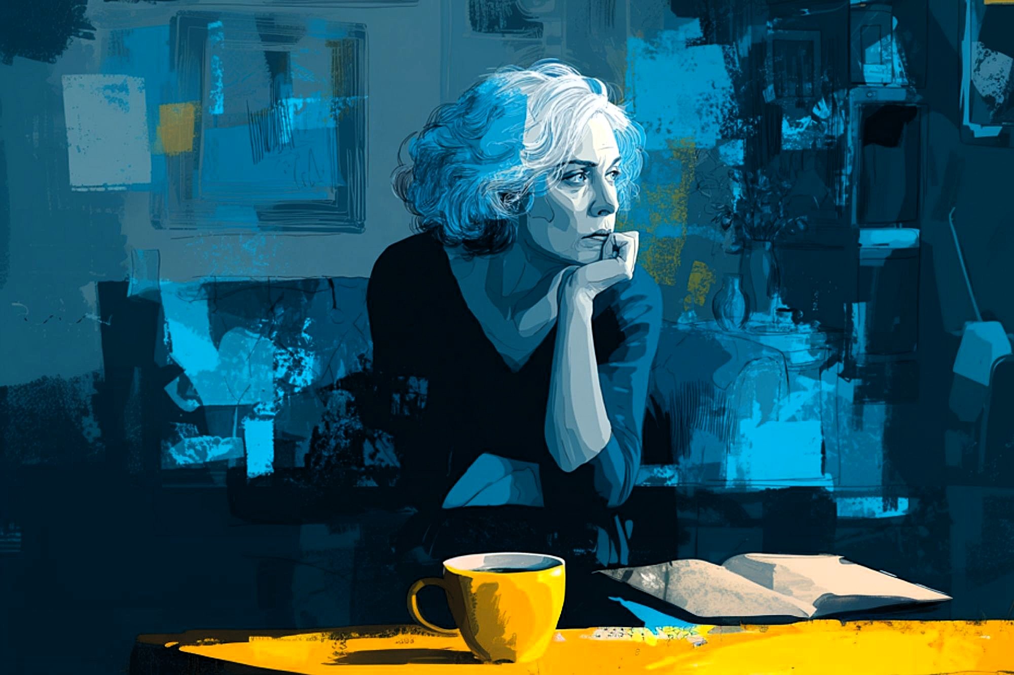 An older woman with white hair sits at a table, resting her chin on her hand and looking thoughtfully to the side. A yellow cup and an open book are on the table. The scene is painted in blue and yellow tones.