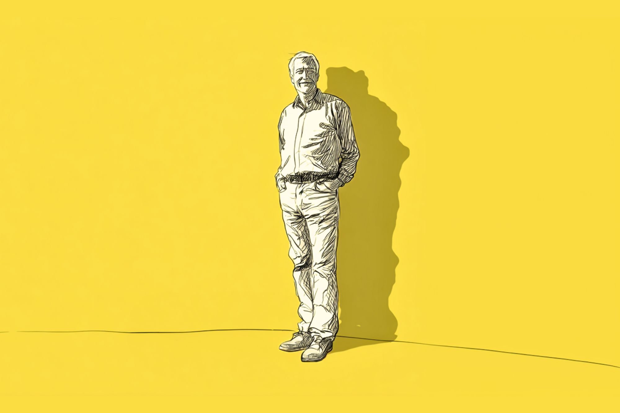 A black-and-white sketch of a man standing casually with hands in his pockets against a bright yellow background. His shadow falls behind him, and he appears relaxed and content.