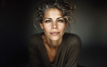 A woman with wavy gray hair, light eyes, and a gentle smile looks directly at the camera. She is wearing a loose, dark top and is set against a dark, blurred background.