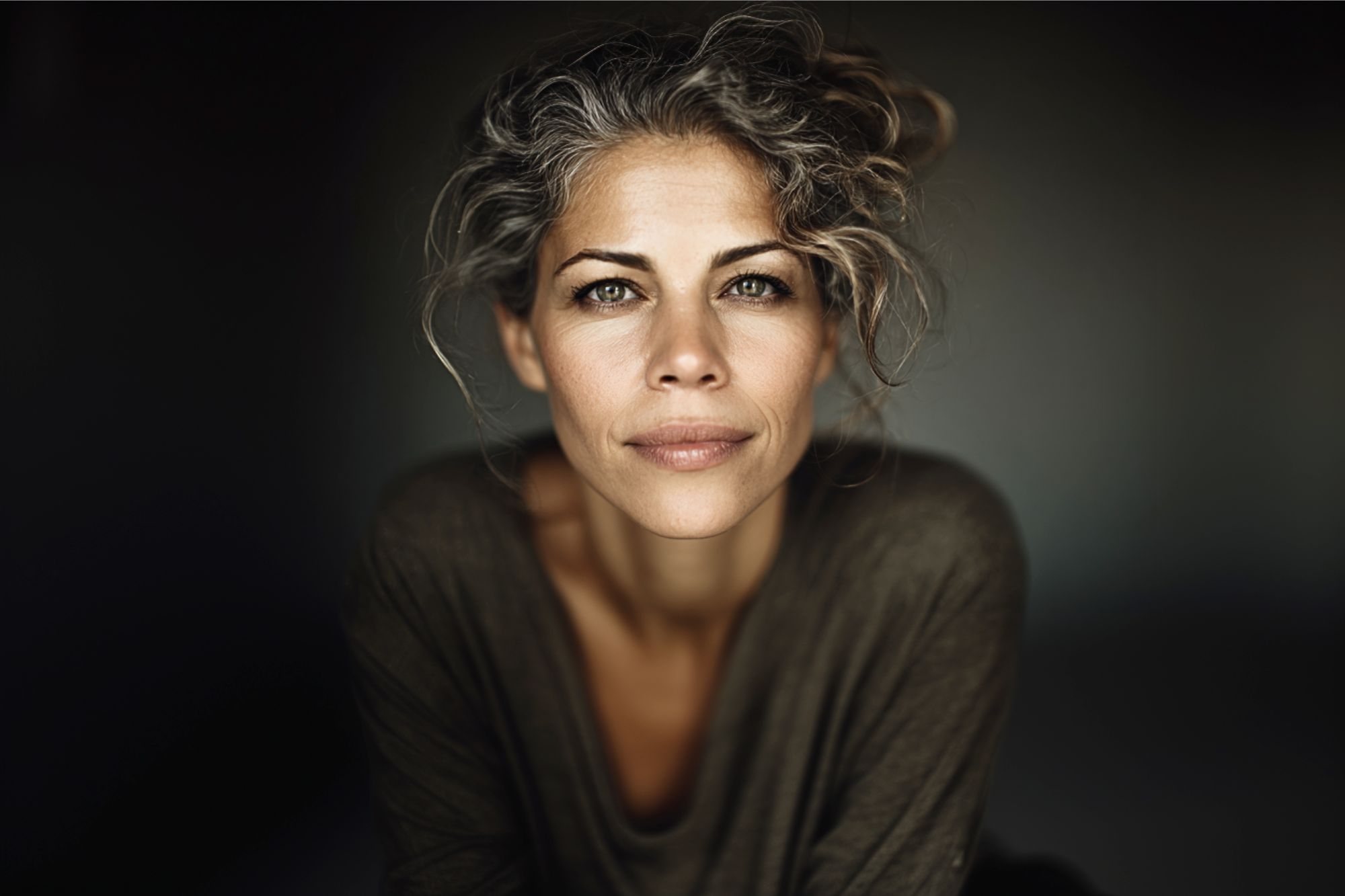 A woman with wavy gray hair, light eyes, and a gentle smile looks directly at the camera. She is wearing a loose, dark top and is set against a dark, blurred background.