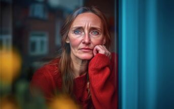 A woman with long light brown hair and blue eyes, wearing a red sweater, sits by a window resting her chin on her hand, looking thoughtfully outside. The background is slightly blurred with hints of yellow flowers and buildings.