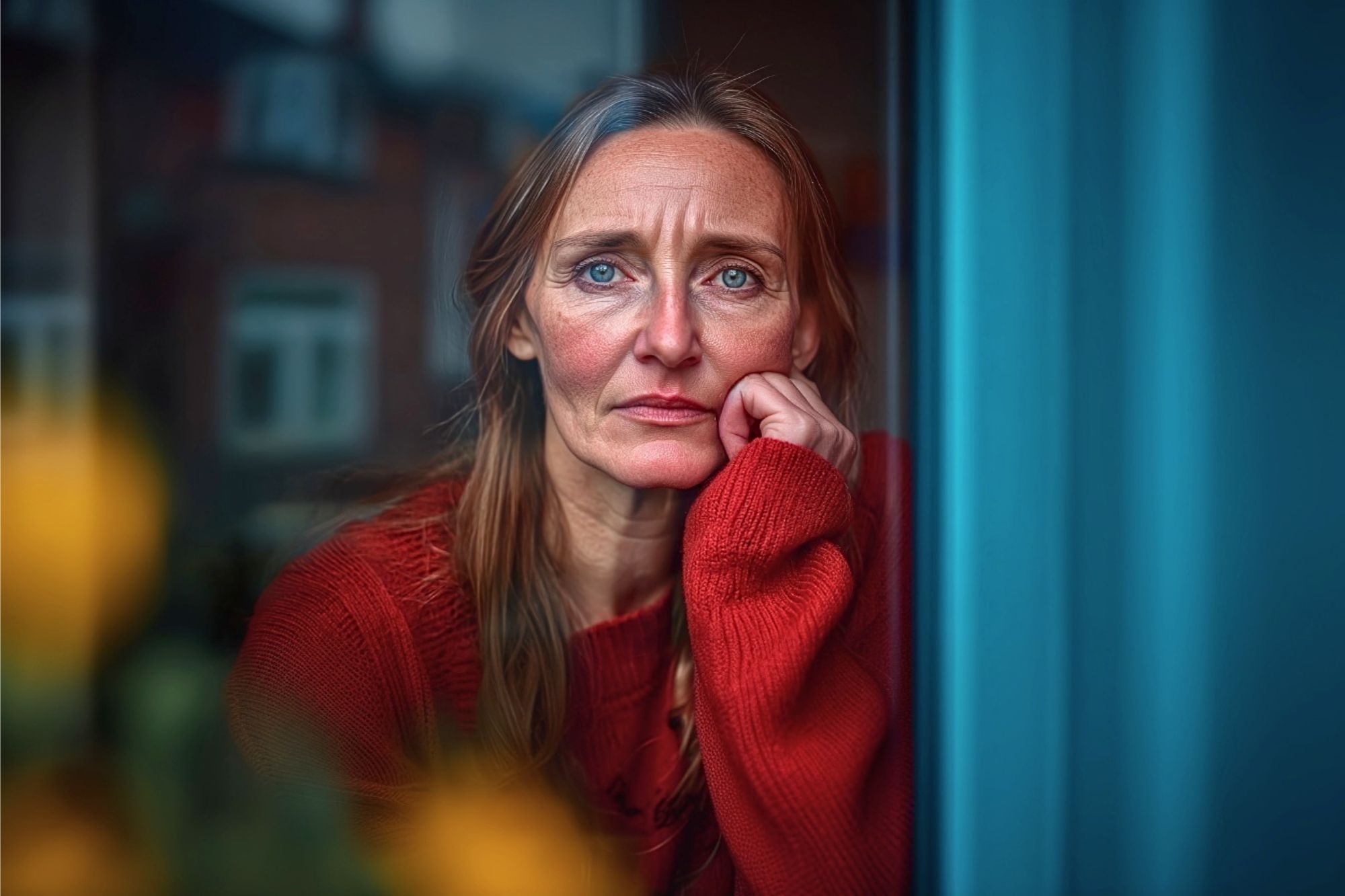A woman with long light brown hair and blue eyes, wearing a red sweater, sits by a window resting her chin on her hand, looking thoughtfully outside. The background is slightly blurred with hints of yellow flowers and buildings.