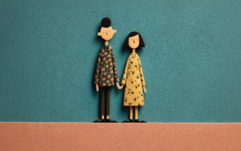 A simple, textured illustration of two people holding hands, standing on a pink surface against a blue background. The figures have patterned clothes and minimal facial features, giving a warm, friendly appearance.