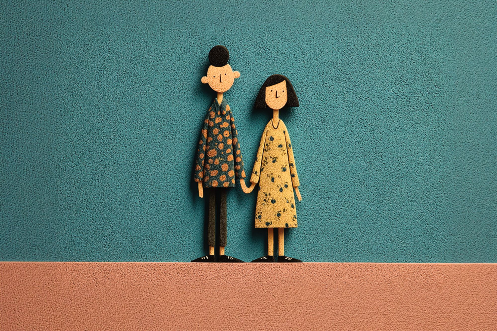 A simple, textured illustration of two people holding hands, standing on a pink surface against a blue background. The figures have patterned clothes and minimal facial features, giving a warm, friendly appearance.