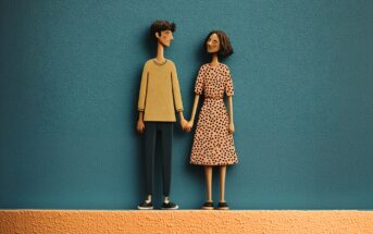 A stylized illustration of a smiling couple holding hands, standing against a textured blue wall with a peach-colored strip at the bottom. The woman wears a polka dot dress and the man wears a beige sweater and blue pants.