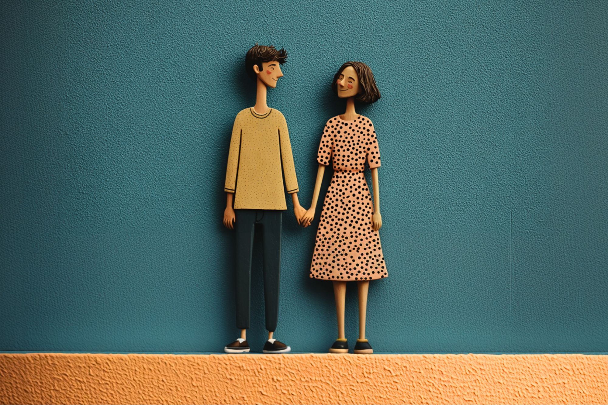 A stylized illustration of a smiling couple holding hands, standing against a textured blue wall with a peach-colored strip at the bottom. The woman wears a polka dot dress and the man wears a beige sweater and blue pants.