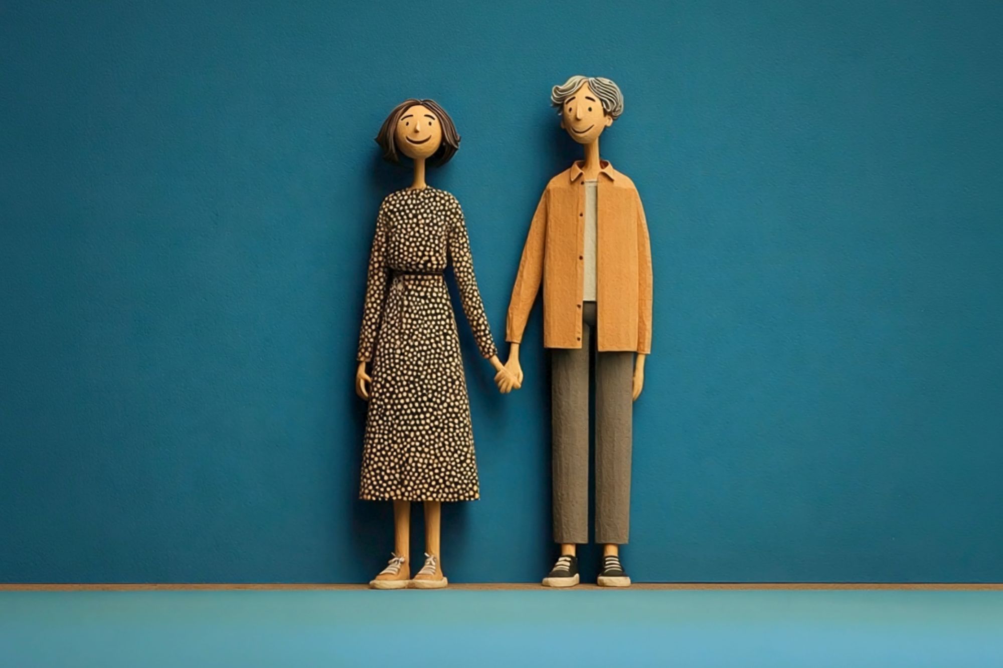 Two wooden figurines, one with short hair in a patterned dress and sneakers, and the other with gray hair in a tan jacket and gray pants, stand side by side holding hands against a blue background.