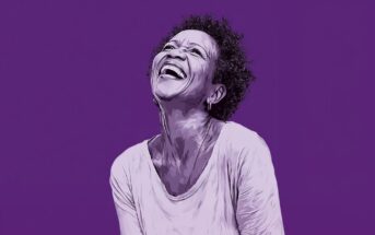 A digital illustration of a person with short curly hair wearing a light-colored top, laughing joyfully while looking upward, set against a solid purple background.