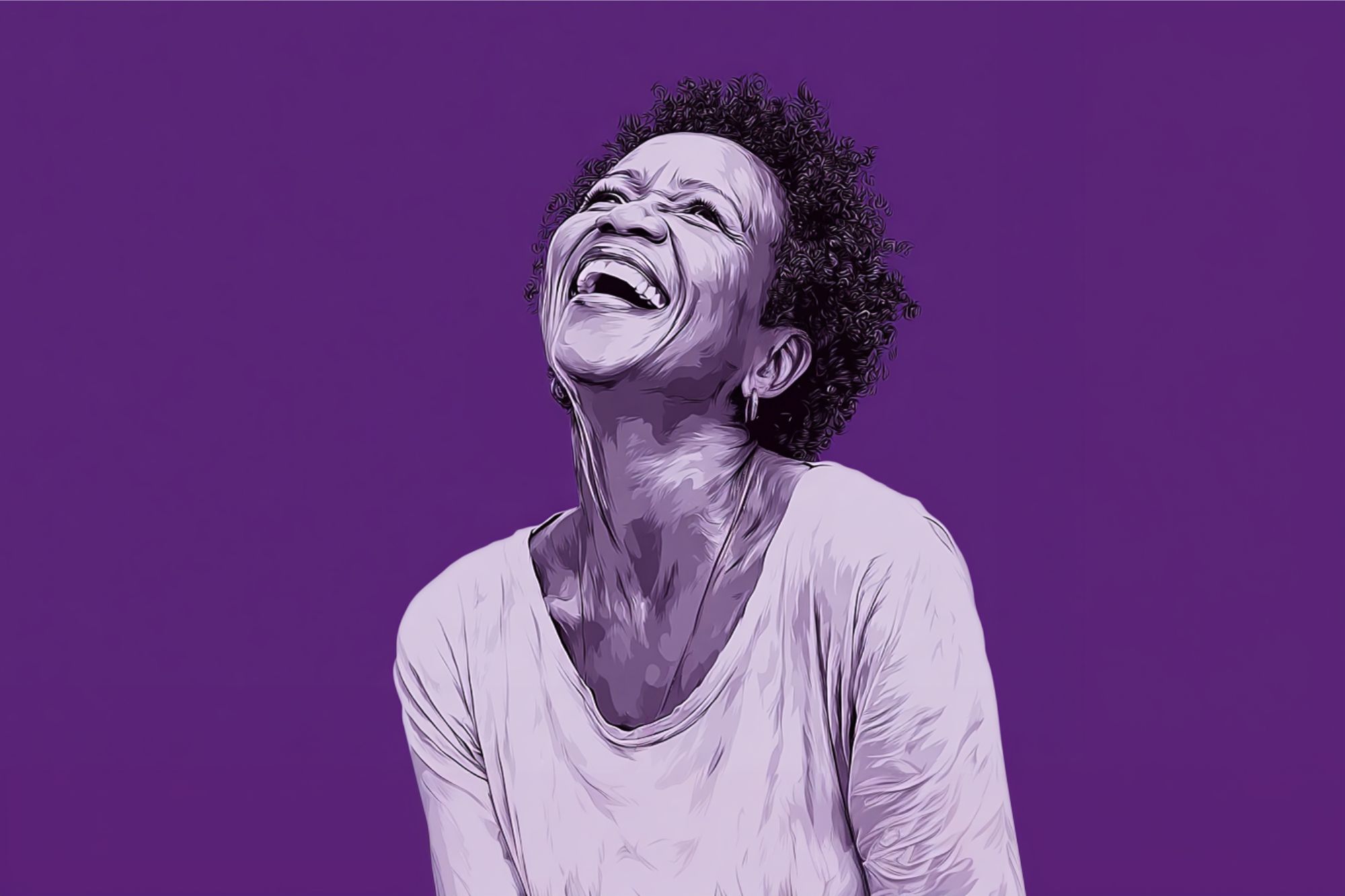 A digital illustration of a person with short curly hair wearing a light-colored top, laughing joyfully while looking upward, set against a solid purple background.