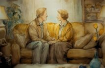 A watercolor-style painting of an older couple sitting close together on a sofa, holding hands and smiling warmly at each other in a cozy, softly lit living room.