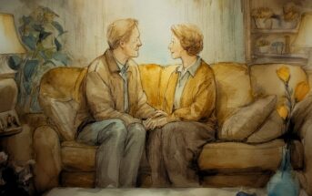 A watercolor-style painting of an older couple sitting close together on a sofa, holding hands and smiling warmly at each other in a cozy, softly lit living room.