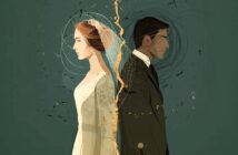 A bride and groom stand back-to-back, separated by a jagged golden crack, set against a green background with swirling lines, symbolizing separation or emotional distance.