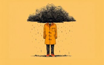 A person in an orange coat stands with a dark cloud over their head, obscuring their face and raining only on them, against a plain yellow background.