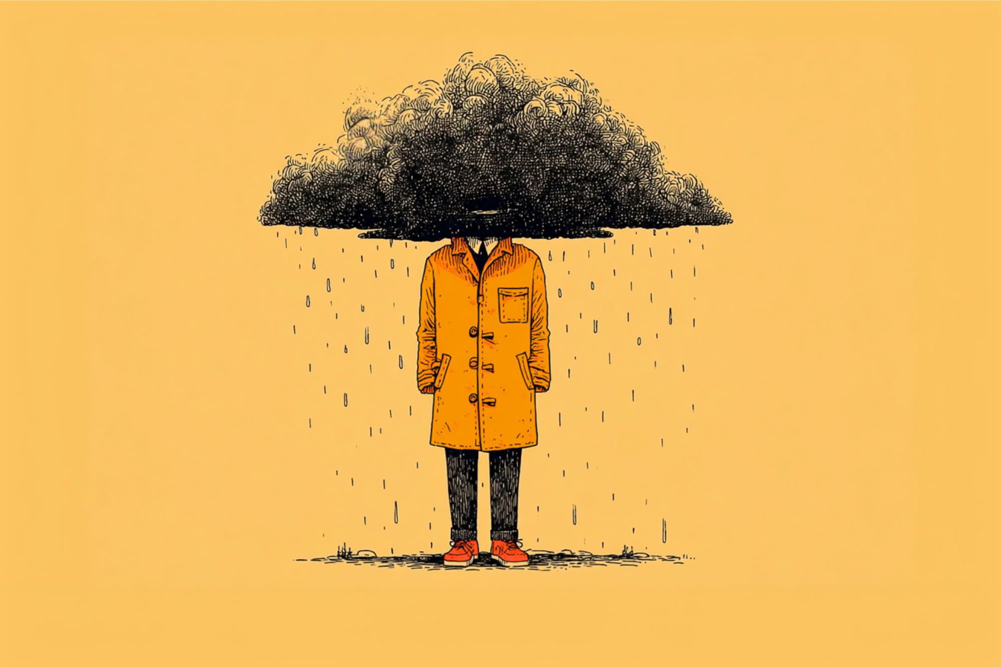 A person in an orange coat stands with a dark cloud over their head, obscuring their face and raining only on them, against a plain yellow background.