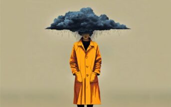 A person in a yellow raincoat stands with hands in pockets, their head obscured by a dark rain cloud dripping water, set against a plain beige background.