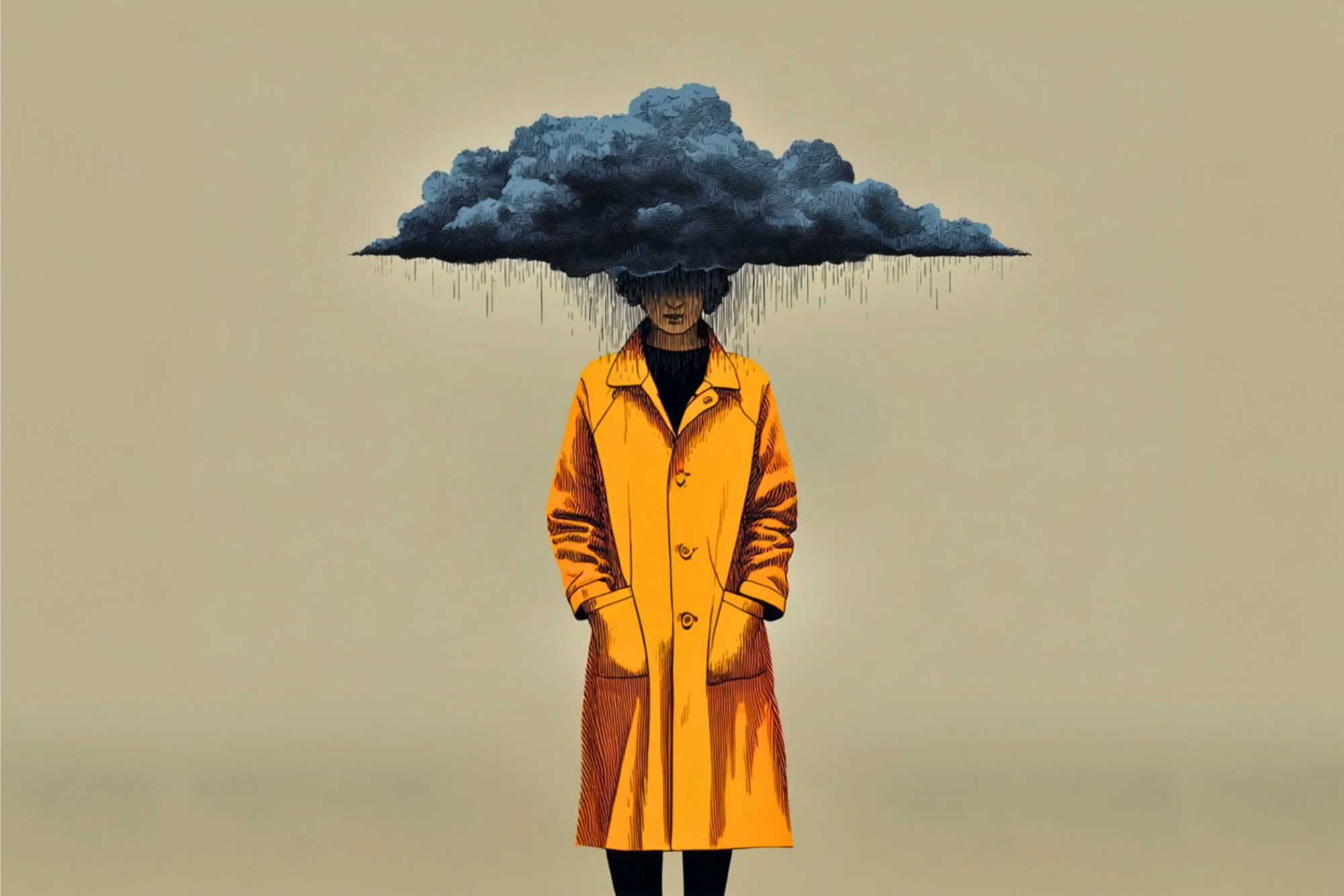A person in a yellow raincoat stands with hands in pockets, their head obscured by a dark rain cloud dripping water, set against a plain beige background.