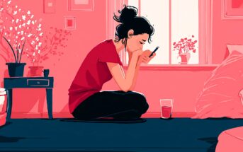 A woman sits cross-legged on the floor in a pink room, looking down at her phone with a sad expression. A glass of juice, potted plants, and framed pictures are visible around her.