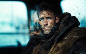 A man with blue eyes and rugged clothing sits indoors by a rain-speckled window, looking pensively outside. The window reflects blurry city lights, blending with his contemplative expression.