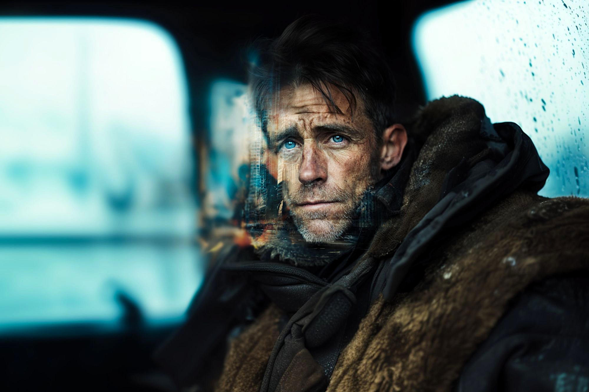 A man with blue eyes and rugged clothing sits indoors by a rain-speckled window, looking pensively outside. The window reflects blurry city lights, blending with his contemplative expression.