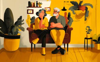 An older couple sits closely on a brown sofa in a cozy, yellow-themed room with large potted plants, books on a shelf, and framed art on the wall. They appear to be deep in conversation.