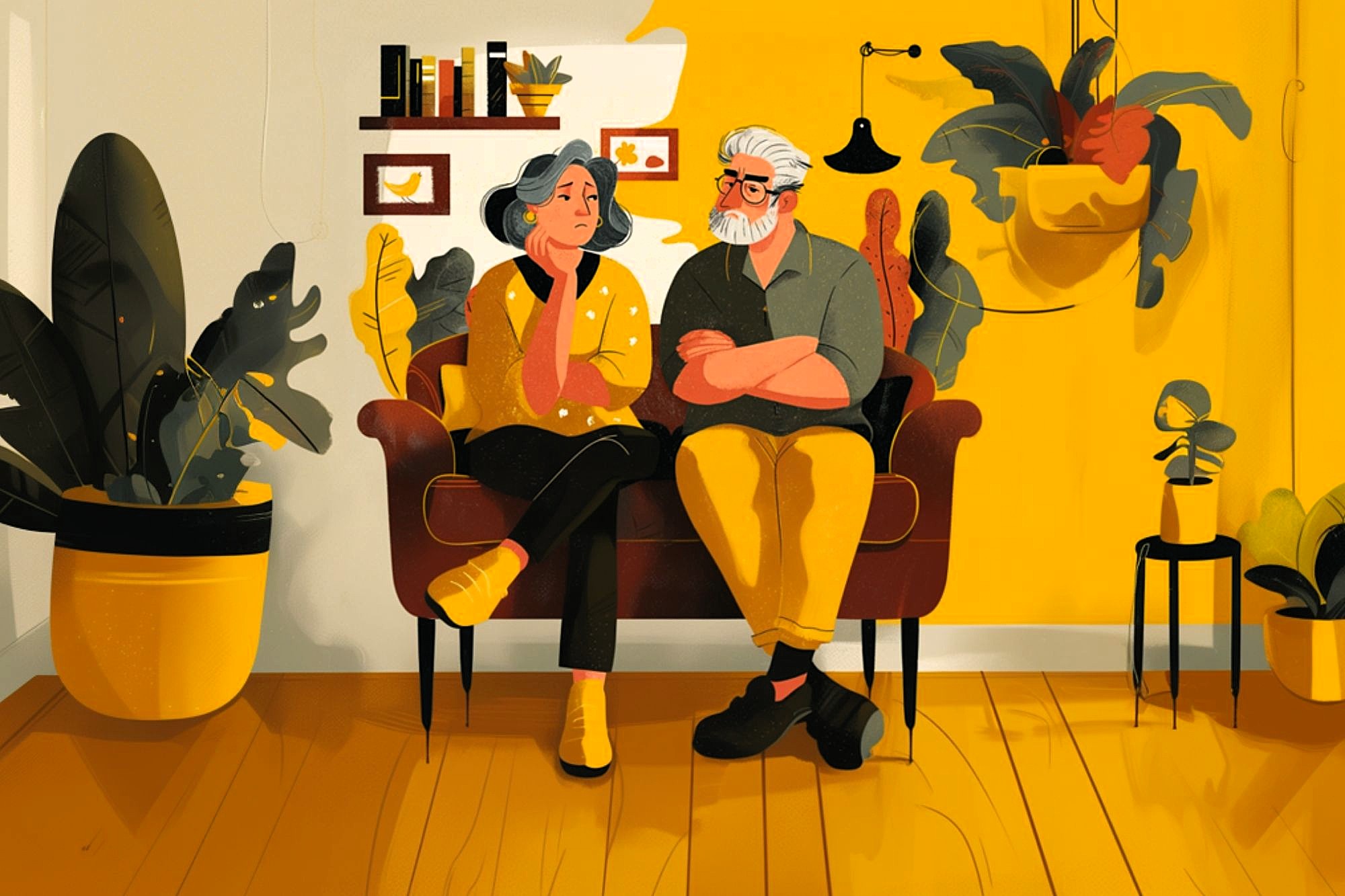An older couple sits closely on a brown sofa in a cozy, yellow-themed room with large potted plants, books on a shelf, and framed art on the wall. They appear to be deep in conversation.