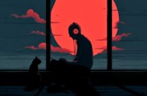 A person wearing headphones sits by a large window at sunset, using a laptop. A cat sits nearby, both silhouetted against a vivid red-orange sun and dark clouds in the sky.