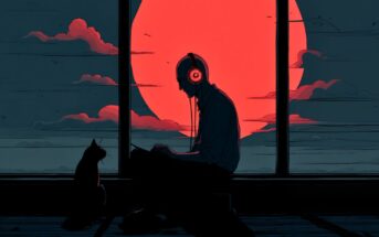 A person wearing headphones sits by a large window at sunset, using a laptop. A cat sits nearby, both silhouetted against a vivid red-orange sun and dark clouds in the sky.