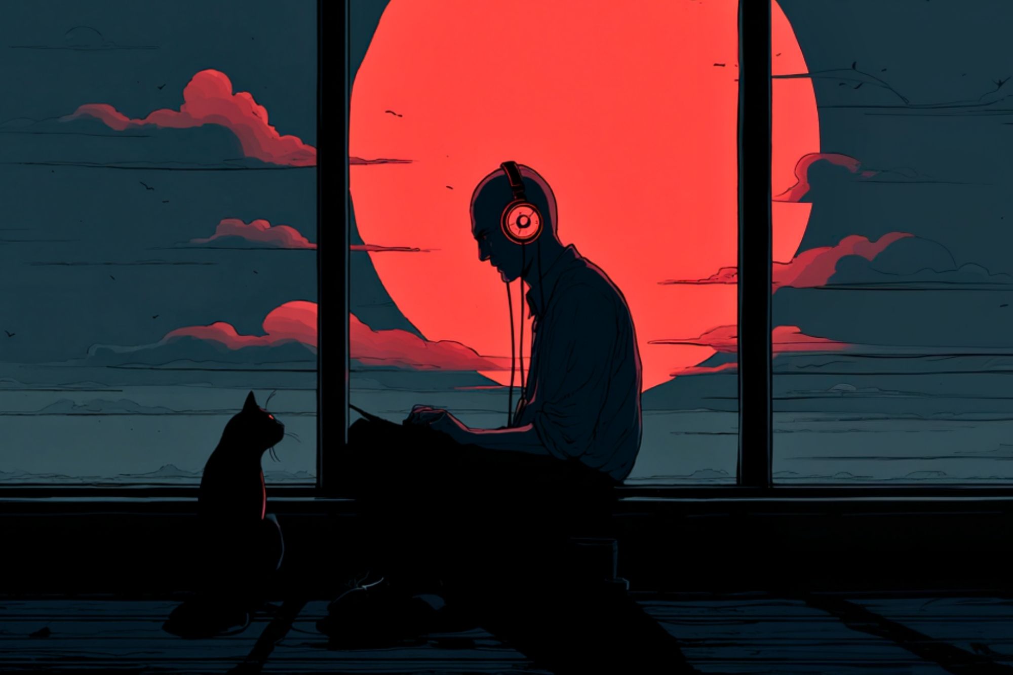 A person wearing headphones sits by a large window at sunset, using a laptop. A cat sits nearby, both silhouetted against a vivid red-orange sun and dark clouds in the sky.