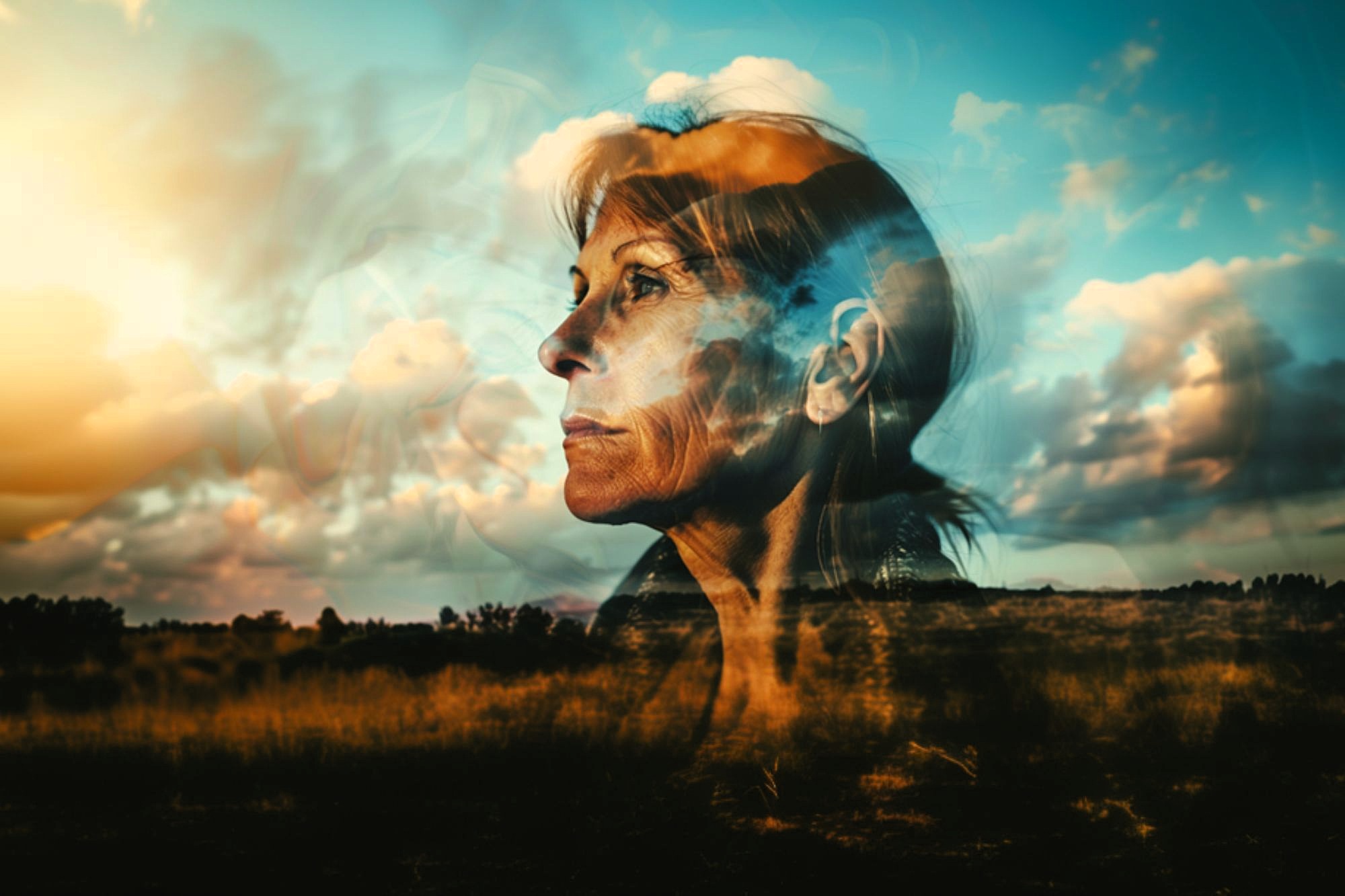 A double exposure image shows an older woman’s thoughtful face blended with a dramatic sky, clouds, and a sunlit field, evoking a sense of reflection and connection with nature.