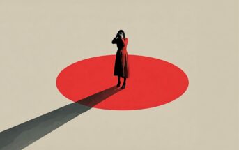 A person in a red dress stands covering their face on a large red circle against a beige background, casting a long shadow behind them.