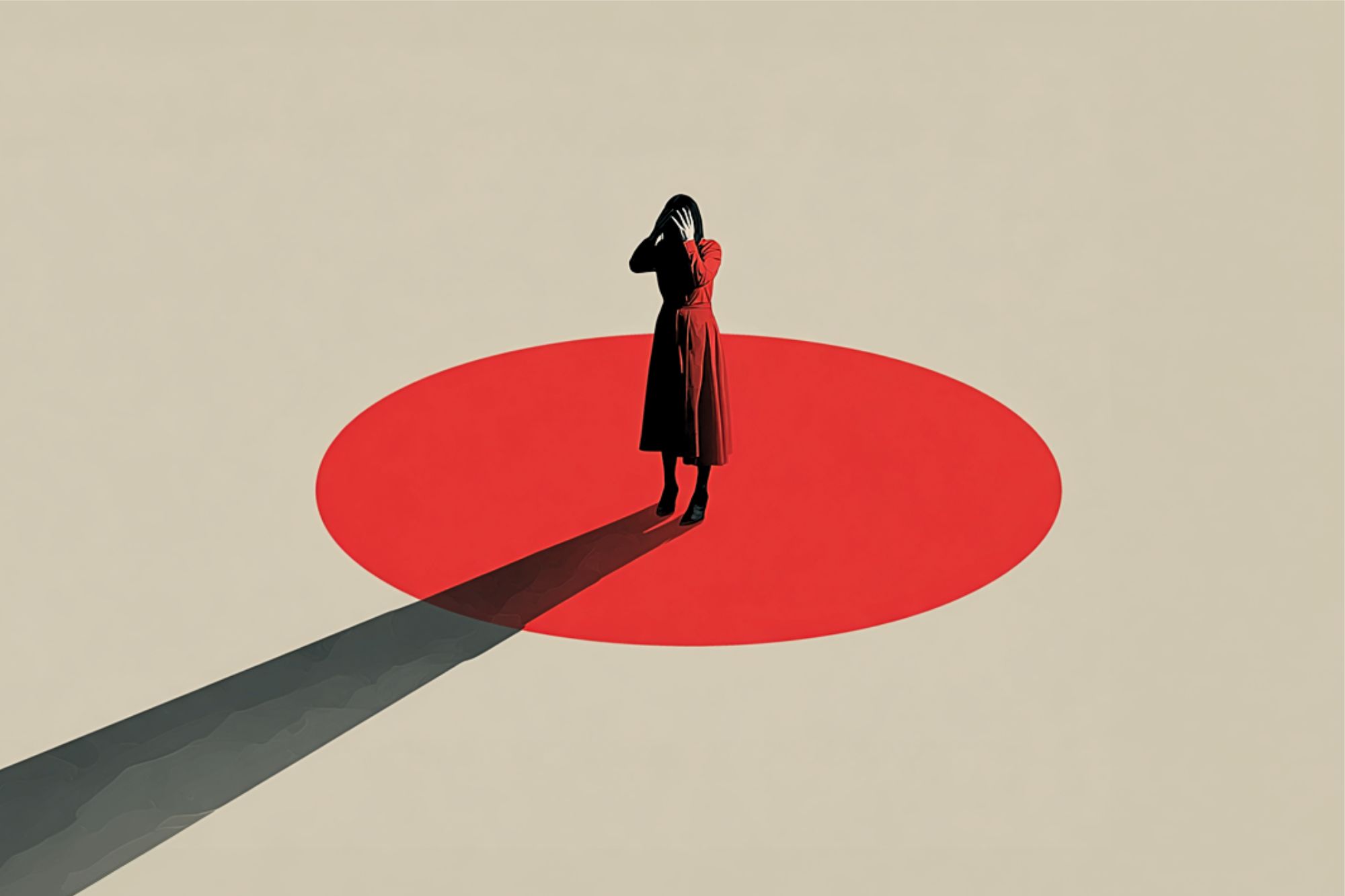 A person in a red dress stands covering their face on a large red circle against a beige background, casting a long shadow behind them.