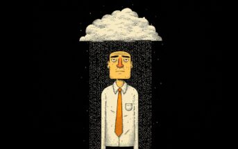 A sad man in a white shirt and orange tie stands under a small rain cloud, which rains only on him, against a black background.