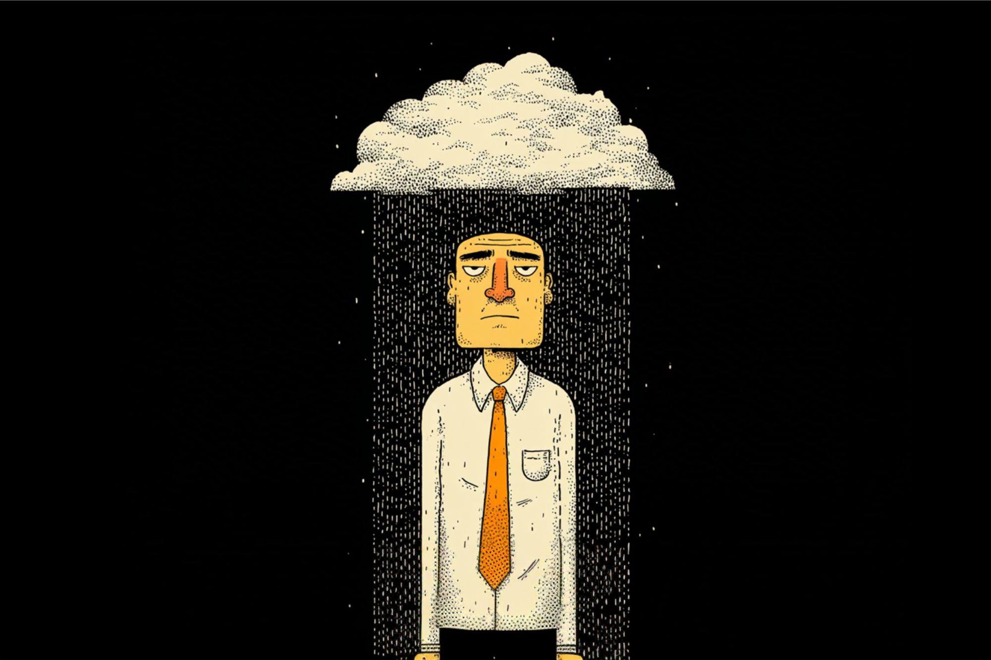 A sad man in a white shirt and orange tie stands under a small rain cloud, which rains only on him, against a black background.