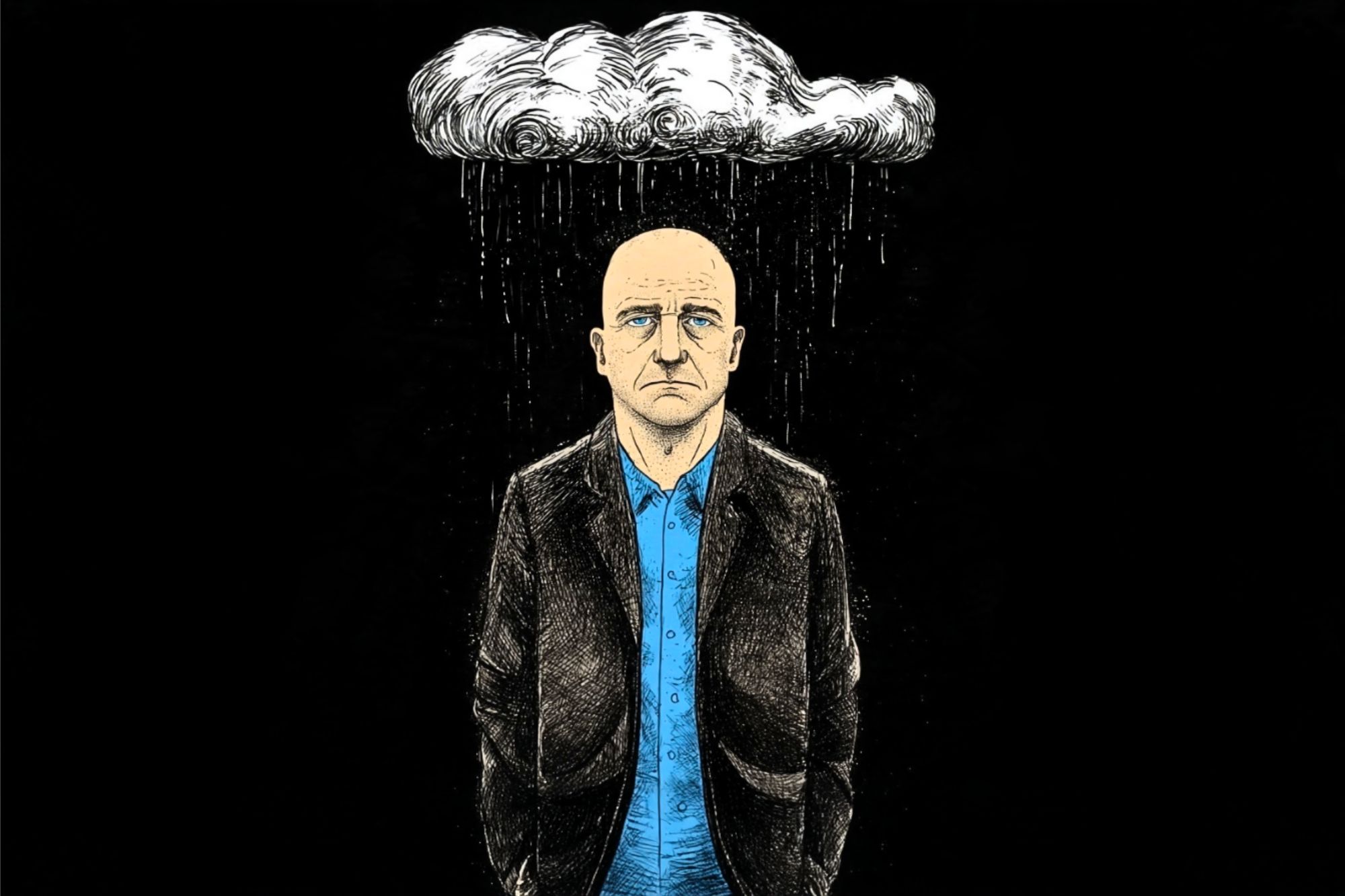 A sad, bald man in a blue shirt and dark jacket stands under a small rain cloud, with rain falling only on him against a black background.