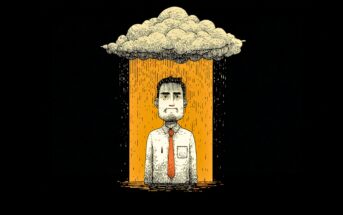 A sad man in a shirt and tie stands under a rain cloud, with rain falling only on him. The background is black, highlighting the gloomy mood.