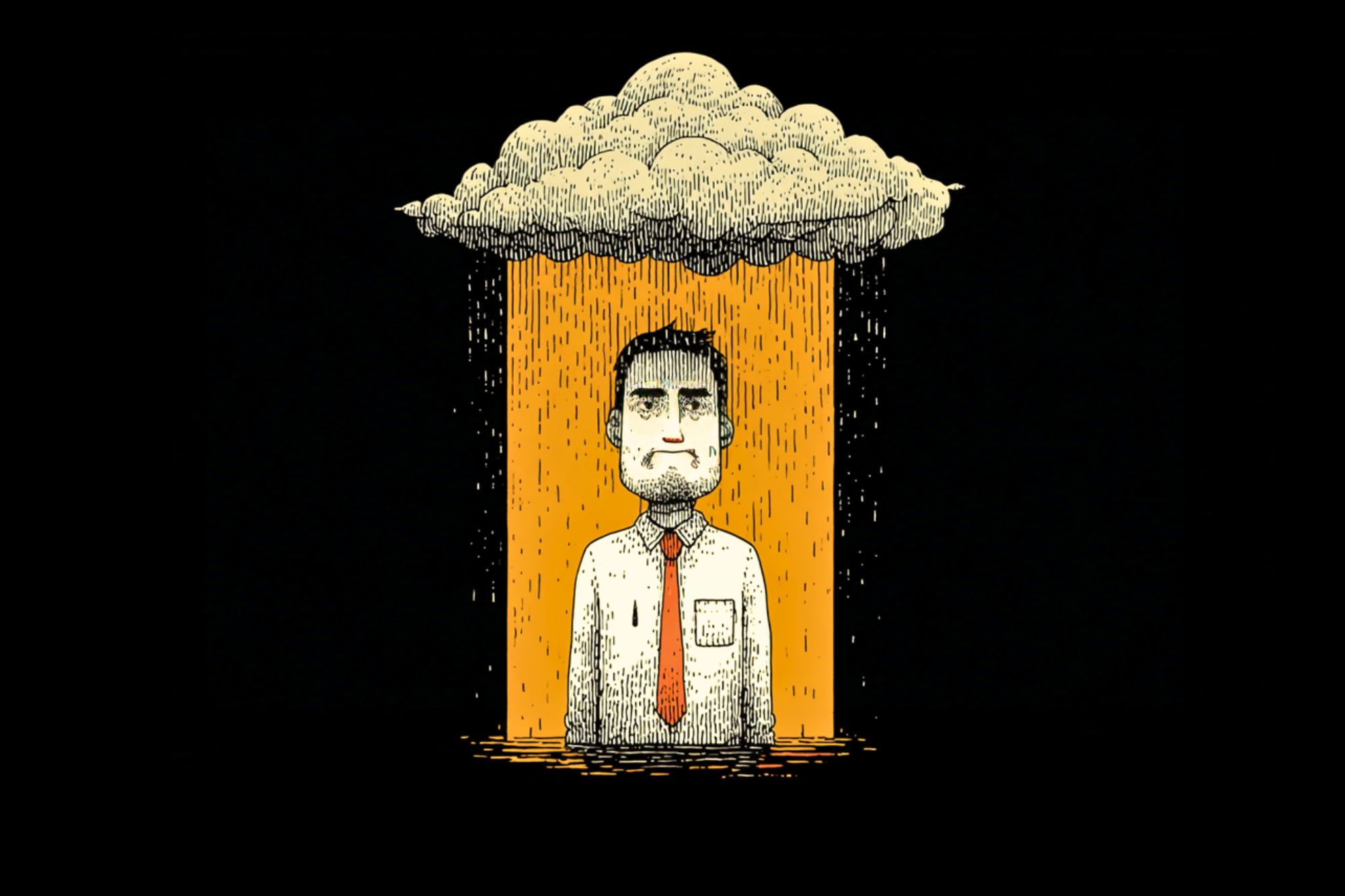 A sad man in a shirt and tie stands under a rain cloud, with rain falling only on him. The background is black, highlighting the gloomy mood.