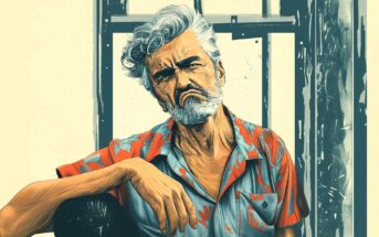 A stern-looking older man with gray hair and a beard sits by a window, wearing a colorful patterned shirt. His expression is serious, and his posture is relaxed with one arm resting on his knee. The background is muted.