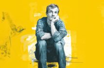 Digital illustration of a man sitting with his chin resting on his hand, looking thoughtful. The image is mostly in blue tones, with a bright yellow background and abstract brush strokes.