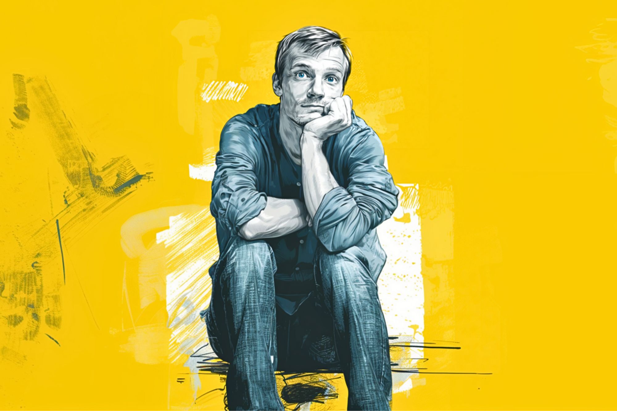 Digital illustration of a man sitting with his chin resting on his hand, looking thoughtful. The image is mostly in blue tones, with a bright yellow background and abstract brush strokes.