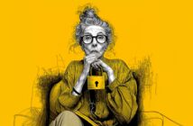 An elderly woman with glasses sits pensively, holding a large padlock. The background is bright yellow, and the sketch-style image highlights her thoughtful expression and textured clothing.