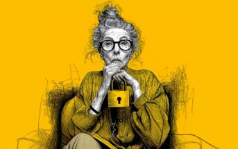 An elderly woman with glasses sits pensively, holding a large padlock. The background is bright yellow, and the sketch-style image highlights her thoughtful expression and textured clothing.