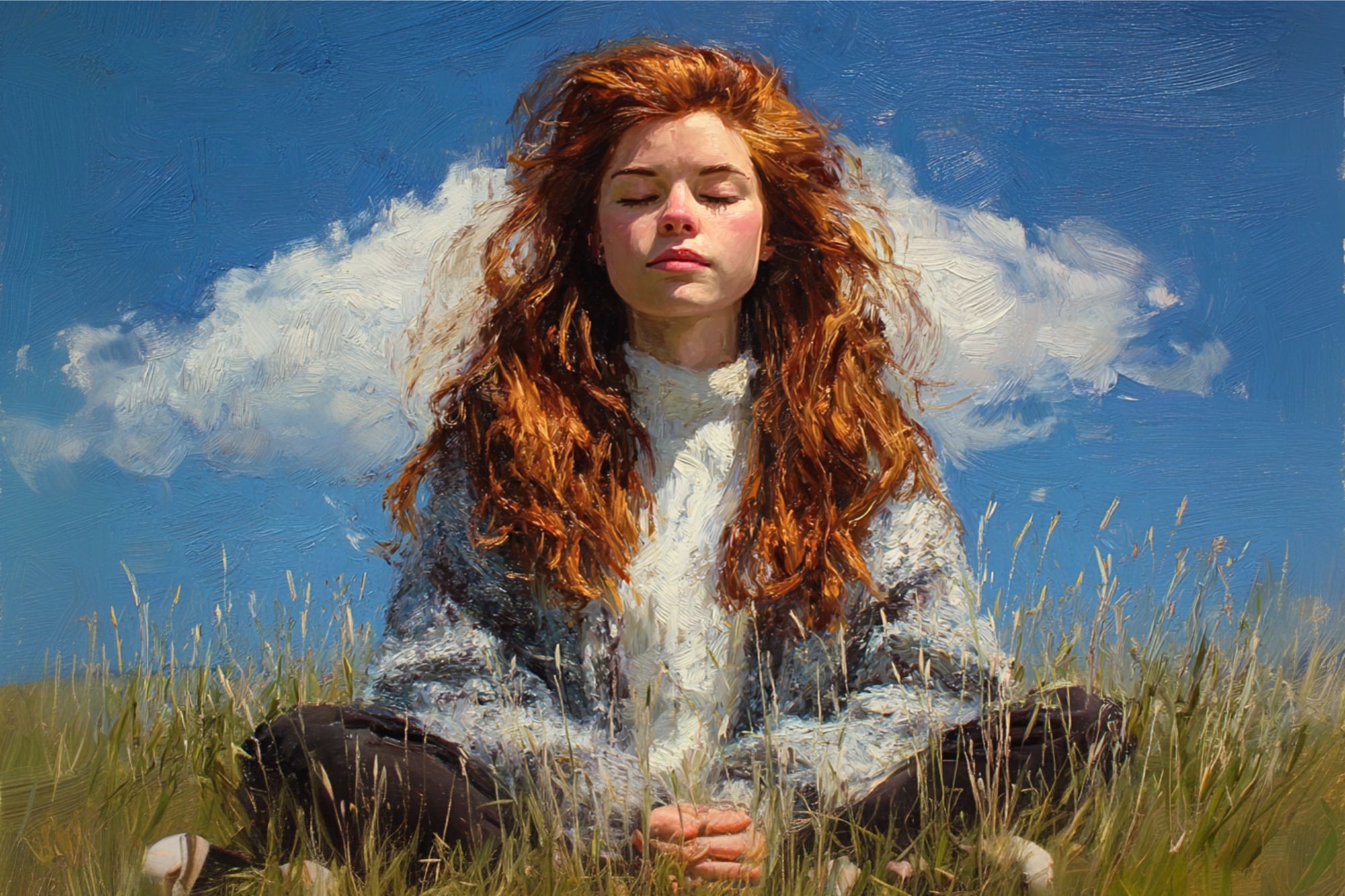 A young woman with long, curly red hair sits cross-legged in a grassy field, eyes closed, meditating under a bright blue sky with a single fluffy cloud behind her. The scene has a painted, textured effect.
