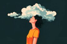 A woman with closed eyes stands against a dark background, with a cloud emerging from her head, symbolizing thoughts or imagination. She wears an orange shirt and has short black hair.